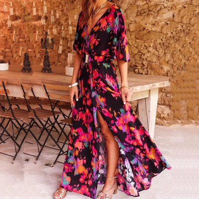 Vina - Elegantes bedrucktes Wickel-Maxi-Kleid mit Schlitz